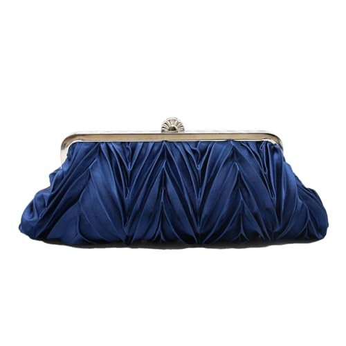 Tngan Women Pleated Satin Clutch Bride Purse Elegant Rhinestone Evening Bag Banquet Party Handbag, Dark Blue - Image 2