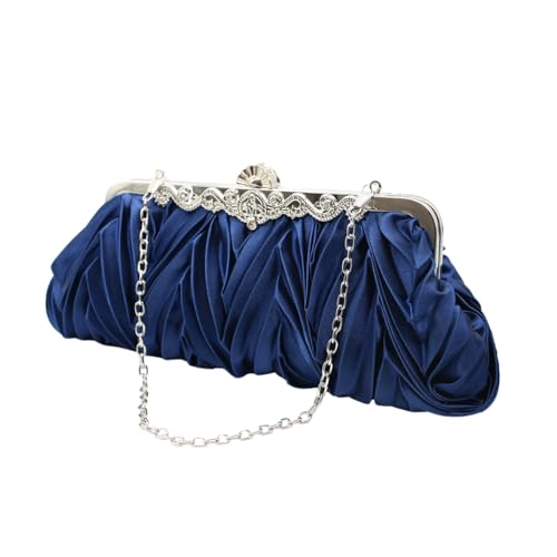 Tngan Women Pleated Satin Clutch Bride Purse Elegant Rhinestone Evening Bag Banquet Party Handbag, Dark Blue - Image 3