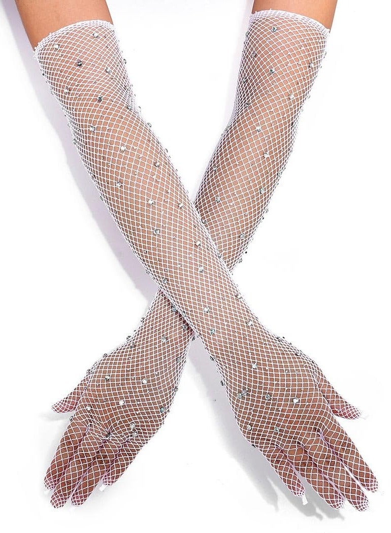 KASTWAVE Fishnet Long Gloves, Women Girls 1920s Retro Five Finger Arm Sleeves, Sparkly Crystal Gloves, Party Costumes Glove Accessories for Women and Girls - Image 1