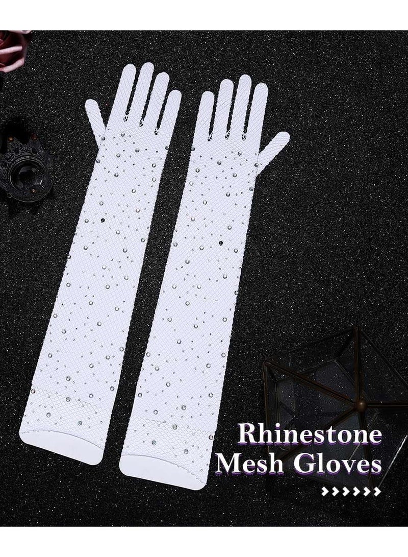 KASTWAVE Fishnet Long Gloves, Women Girls 1920s Retro Five Finger Arm Sleeves, Sparkly Crystal Gloves, Party Costumes Glove Accessories for Women and Girls - Image 3