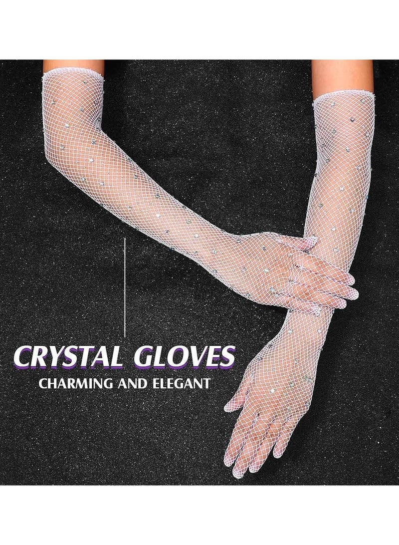 KASTWAVE Fishnet Long Gloves, Women Girls 1920s Retro Five Finger Arm Sleeves, Sparkly Crystal Gloves, Party Costumes Glove Accessories for Women and Girls - Image 2