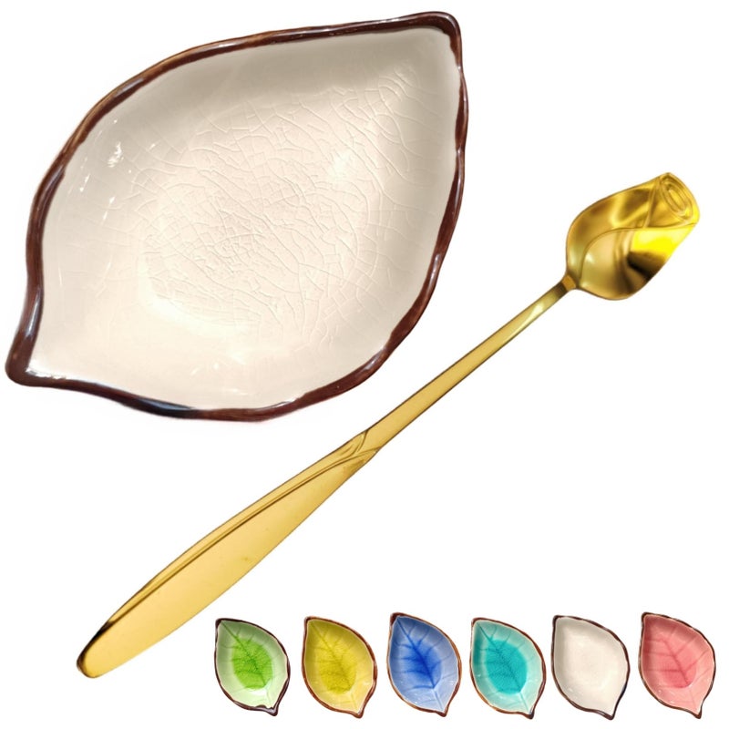 TOPYOKK Coffee Spoon and Rest for Coffee Bar Accessories, Leaf Small Spoon Rest for Coffee Station, Tea Spoon Rest Tea Spoon Holder Teaspoon Rest, 1 PC (Ice Cracks Cream White with Gold Rose Spoon) - Image 1
