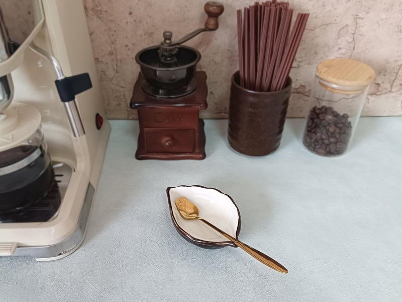 TOPYOKK Coffee Spoon and Rest for Coffee Bar Accessories, Leaf Small Spoon Rest for Coffee Station, Tea Spoon Rest Tea Spoon Holder Teaspoon Rest, 1 PC (Ice Cracks Cream White with Gold Rose Spoon) - Image 3