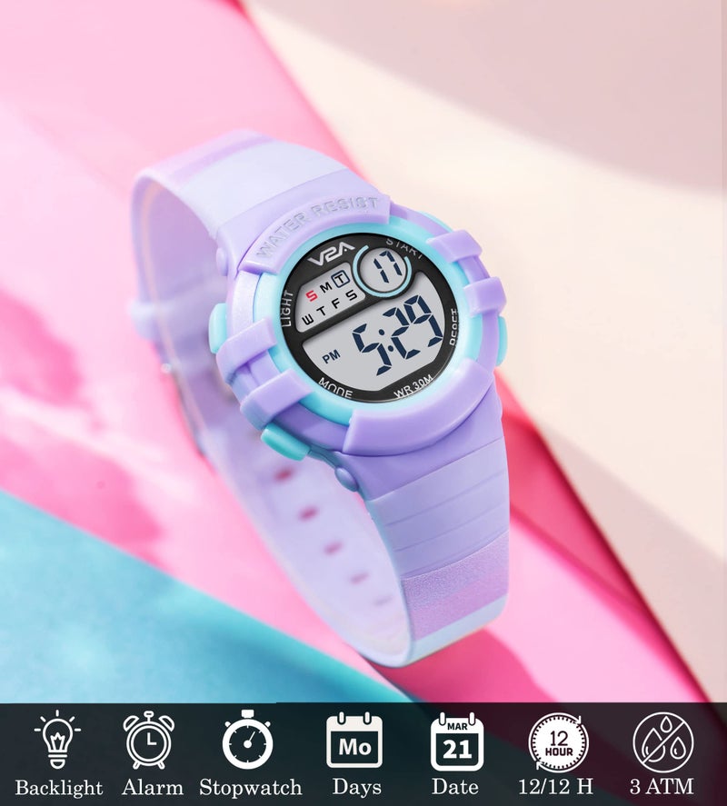 V2A Resin Girls Rainbow Kids Watch-Printed Band Watch,Gifts For Girls Age 3-10 F30 M Waterproof Digital Sports Watches For 3-8 Year Old Girls (Lavender Dial&Multi Color Band),Band-Color: Multi-color - Image 2