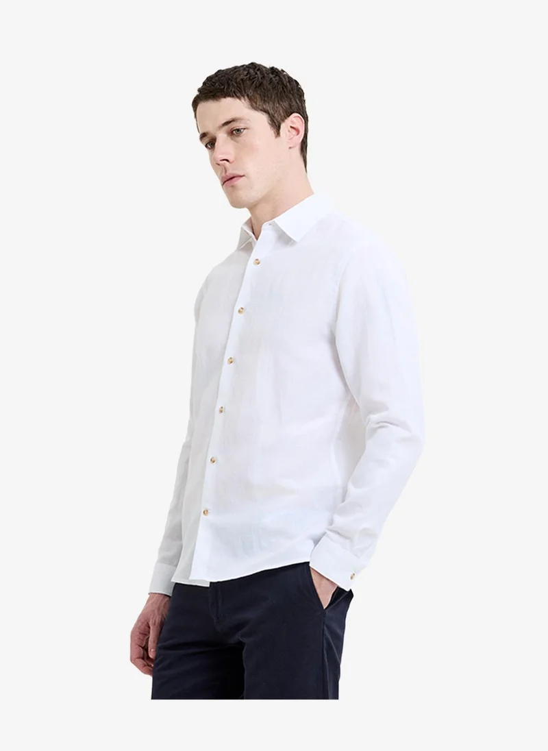 فرنش كونكشن Men's White Linen Blend Long Sleeve Shirt