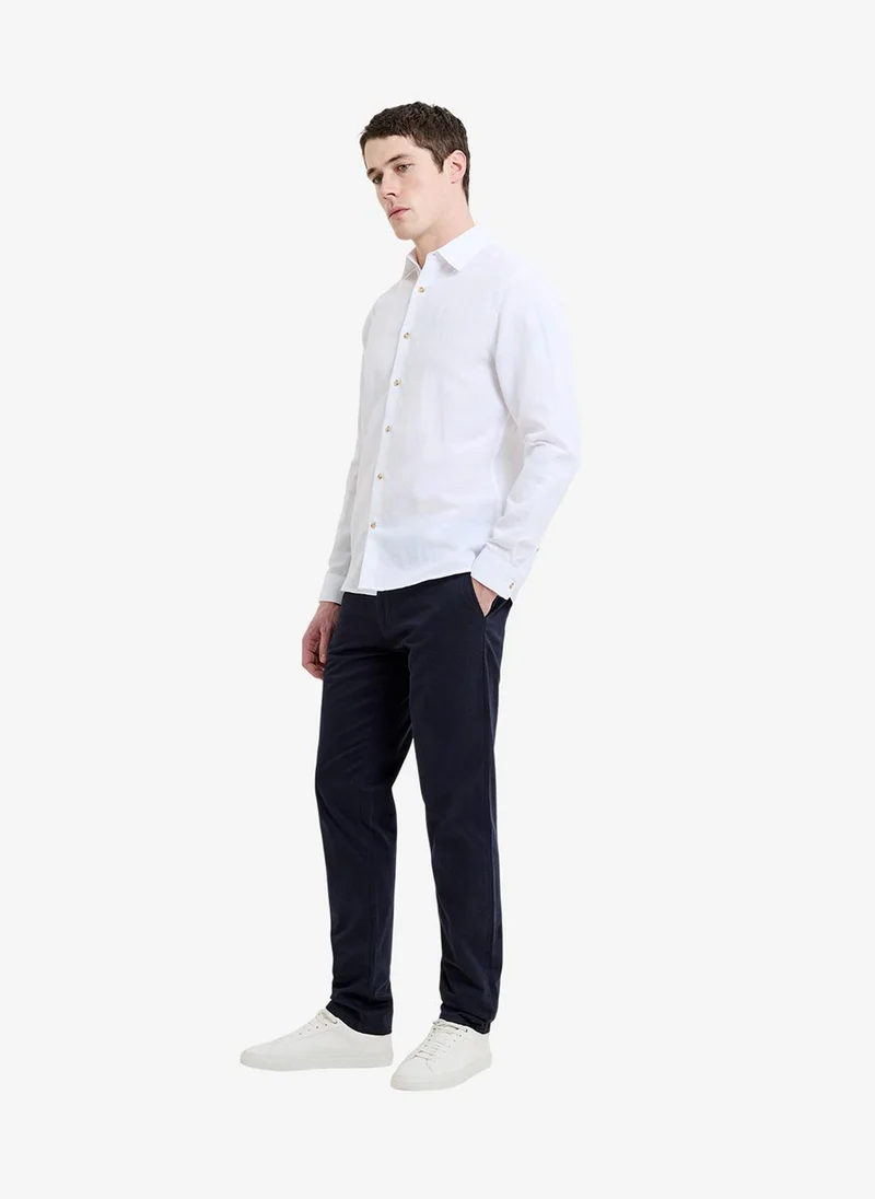 فرنش كونكشن Men's White Linen Blend Long Sleeve Shirt