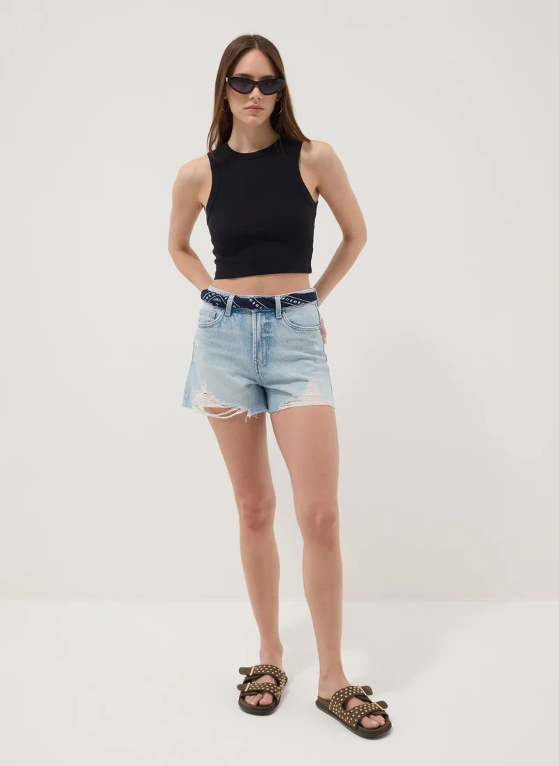 Ovs OVS Black Cropped Stretch Cotton Tank Top