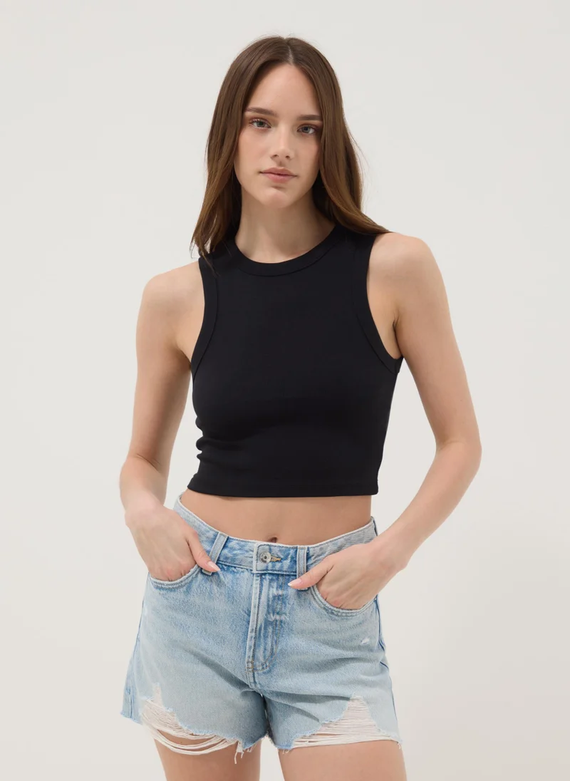 Ovs  OVS Black Cropped Stretch Cotton Tank Top for Women | Best Price UAE