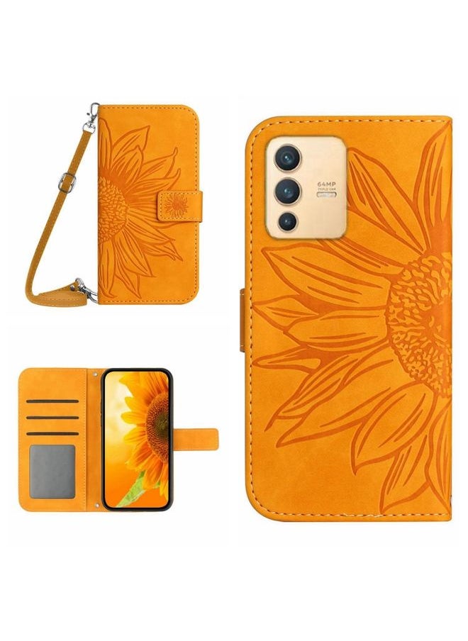 HuHa - Case Cover For vivo V23 5G Skin Feel Sun Flower Pattern Flip Leather Phone Case with Lanyard Yellow - Image 1