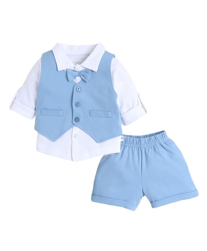 BUMZEE Boys Cotton Full Sleeves Shirt & Short Set With Waistcoat and Applique Bow Powder Blue & White - 6-12 Months (Peb10525C-pbl) - Image 1