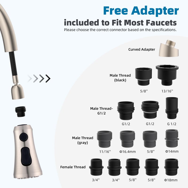 Hibbent Pull Down Kitchen Faucet Head Replacement, 3-Function NSF/ANSI/CAN 61 & CUPC Certified Sink Spray Nozzle, 15 Adapters, Compatible with Moen, Delta, Kohler Faucets, Brushed Nickel - Image 3