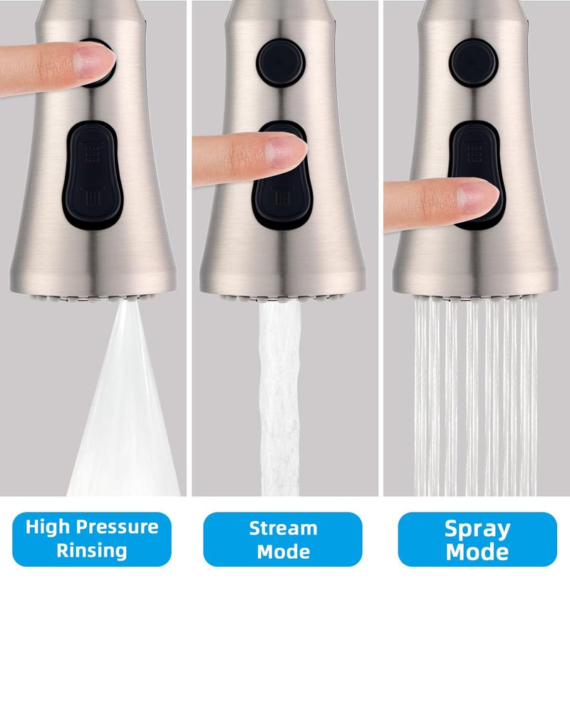 Hibbent Pull Down Kitchen Faucet Head Replacement, 3-Function NSF/ANSI/CAN 61 & CUPC Certified Sink Spray Nozzle, 15 Adapters, Compatible with Moen, Delta, Kohler Faucets, Brushed Nickel - Image 2