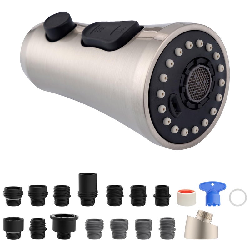 Hibbent Pull Down Kitchen Faucet Head Replacement, 3-Function NSF/ANSI/CAN 61 & CUPC Certified Sink Spray Nozzle, 15 Adapters, Compatible with Moen, Delta, Kohler Faucets, Brushed Nickel - Image 1