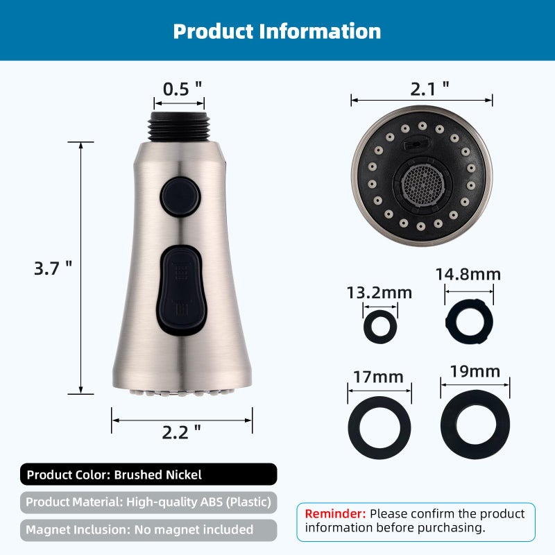 Hibbent Pull Down Kitchen Faucet Head Replacement, 3-Function NSF/ANSI/CAN 61 & CUPC Certified Sink Spray Nozzle, 15 Adapters, Compatible with Moen, Delta, Kohler Faucets, Brushed Nickel - Image 4