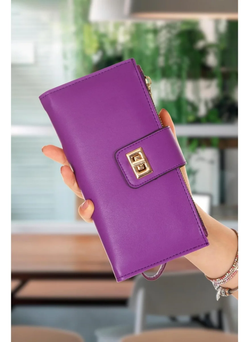 Adelina Bags Women's Purple Wallet Paper Coin Compartment Wallet Locked Wrist Strap Portfolio Wallet