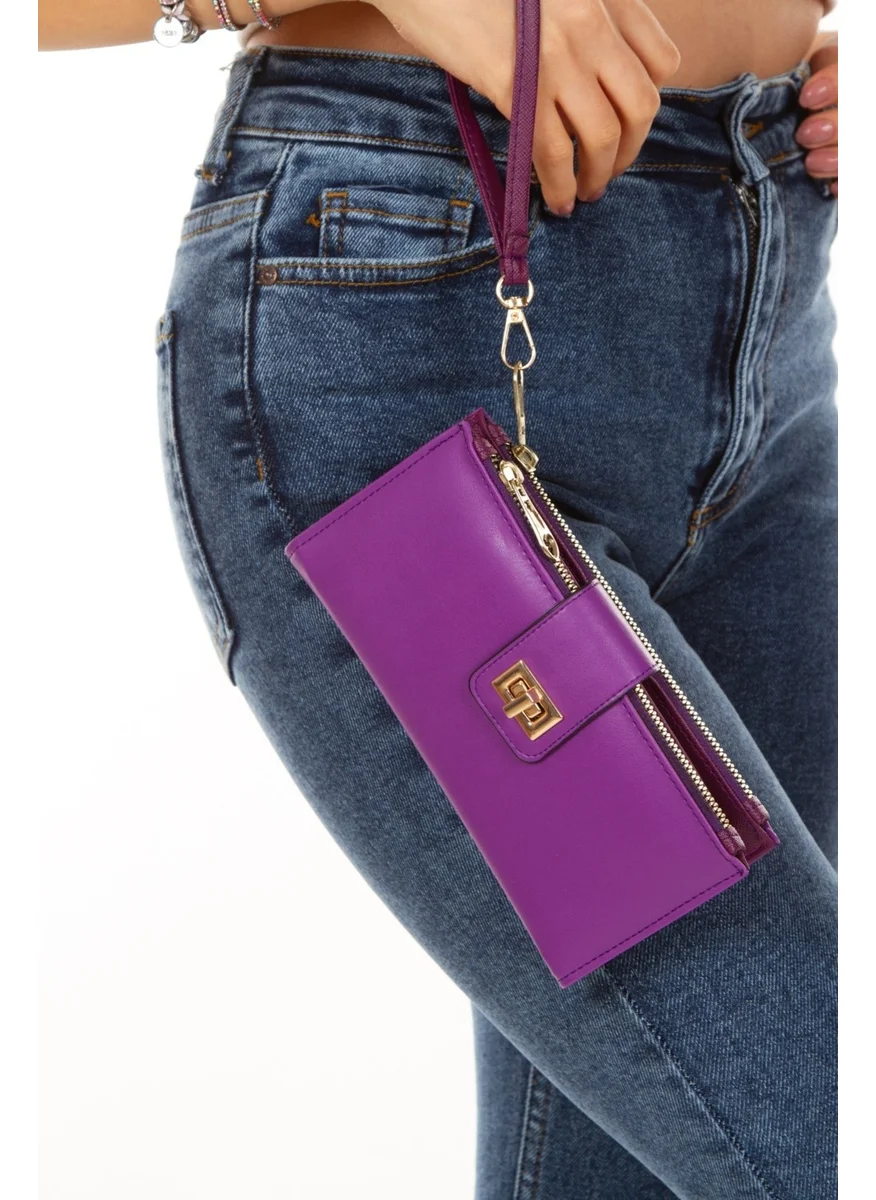 Adelina Bags Women's Purple Wallet Paper Coin Compartment Wallet Locked Wrist Strap Portfolio Wallet