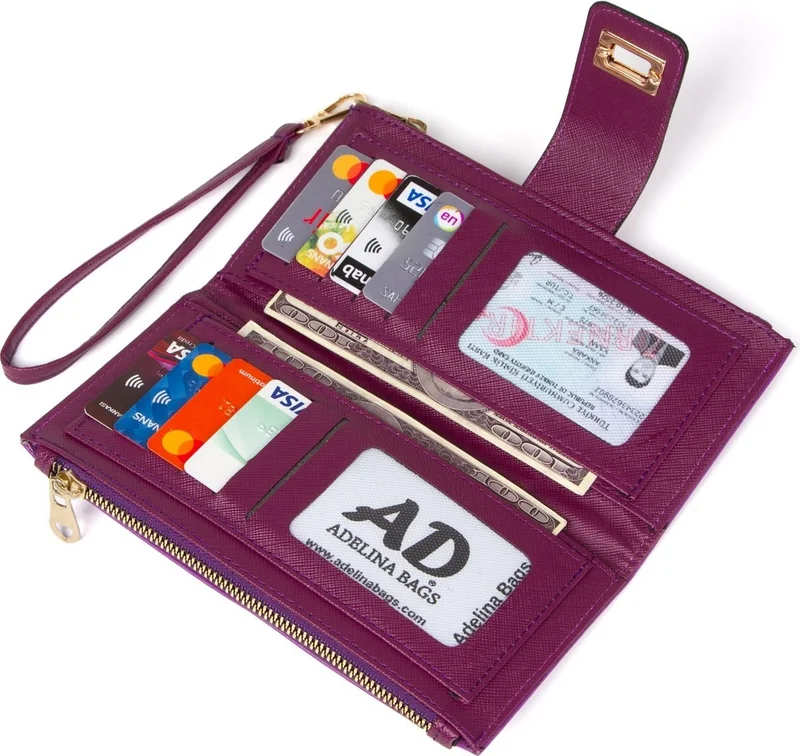 Adelina Bags Women's Purple Wallet Paper Coin Compartment Wallet Locked Wrist Strap Portfolio Wallet