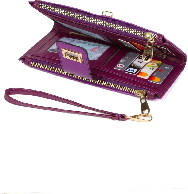 Adelina Bags Women's Purple Wallet Paper Coin Compartment Wallet Locked Wrist Strap Portfolio Wallet