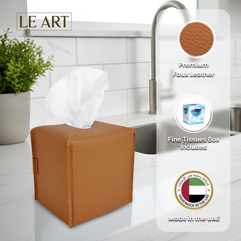لي آرت LEART حامل غطاء علبة المناديل الجلدي – ديكورات المنزل لغرفة المعيشة وغرفة النوم والمكتب، غطاء علبة المناديل للسيارة (مكعب كراميل) - Image 1