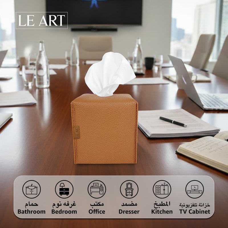 لي آرت LEART حامل غطاء علبة المناديل الجلدي – ديكورات المنزل لغرفة المعيشة وغرفة النوم والمكتب، غطاء علبة المناديل للسيارة (مكعب كراميل) - Image 2