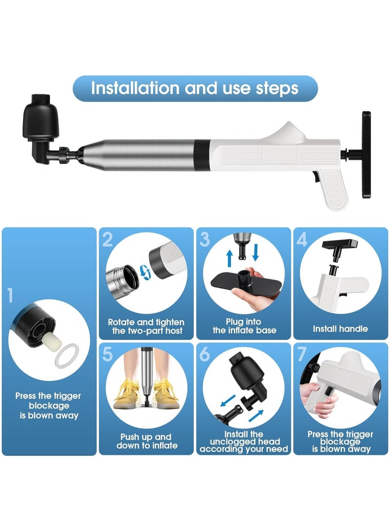 Toilet air plunger kit, 9PC stainless steel high-pressure air drainage pipe plunger, toilet blockage remover, used in bathrooms, sinks, kitchens, and blocked pipes (white) - Image 3