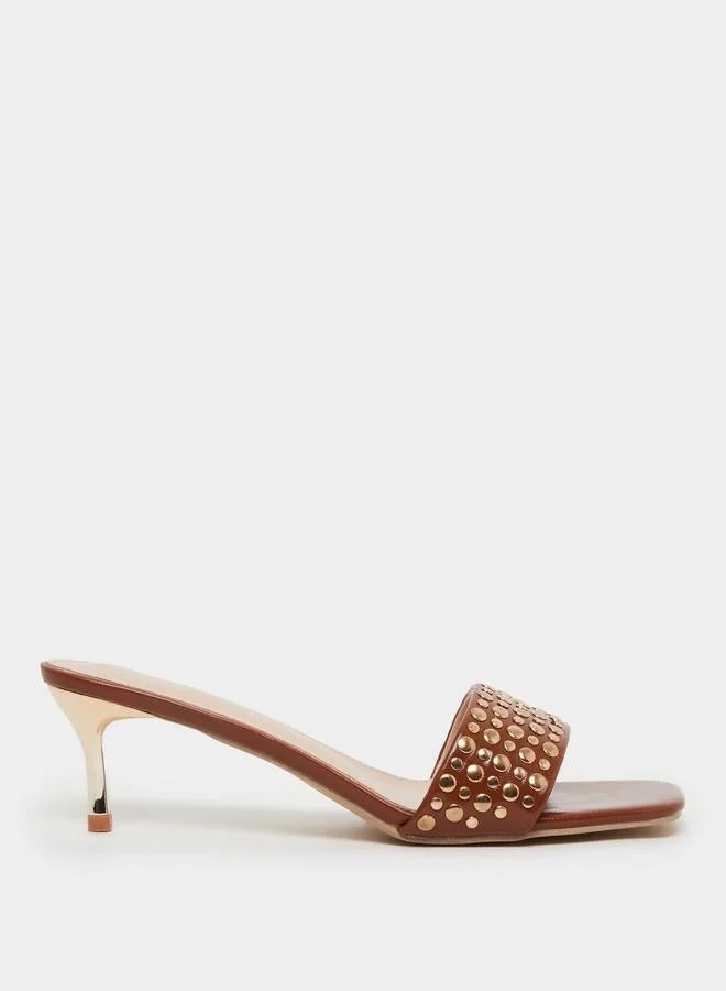 Women Brown Embellished Kitten Heel Sandals