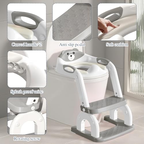 CUXFLS Potty Training Seat with Ladder for Toddlers 2in1 Adjustable Potty Training Toilet for Kids Boys Girls with Splash Guard Waterproof Cushion AntiSlip Pad Step Stool Grey - Image 3