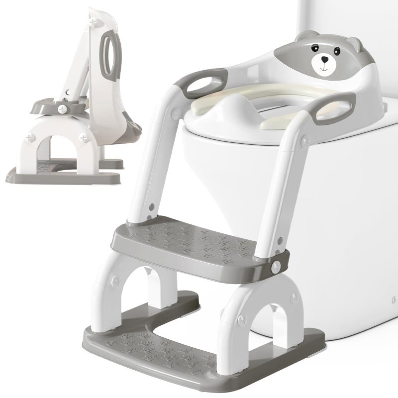 CUXFLS Potty Training Seat with Ladder for Toddlers 2in1 Adjustable Potty Training Toilet for Kids Boys Girls with Splash Guard Waterproof Cushion AntiSlip Pad Step Stool Grey - Image 2
