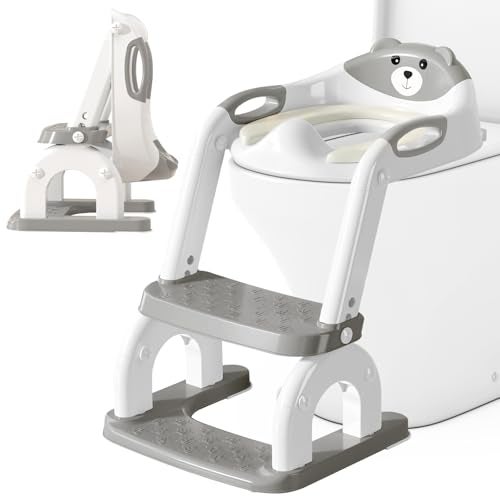CUXFLS Potty Training Seat with Ladder for Toddlers 2in1 Adjustable Potty Training Toilet for Kids Boys Girls with Splash Guard Waterproof Cushion AntiSlip Pad Step Stool Grey - Image 1