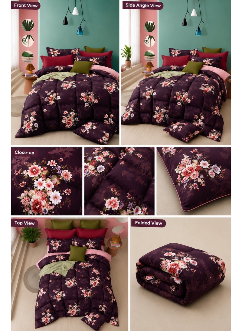 Purple Blossom Printed Comforter Set Single Size 160x245 cm with Flat Bedsheet and Pillow Covers - Image 2
