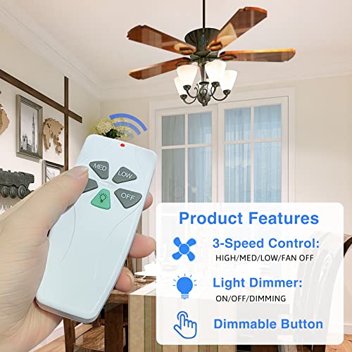 Aubric 2 Pack Universal Ceiling Fan Remote Control Kits with Light Dimmer 3 Speed Fan Controller Receiver Lamp Dim Remote Replacement for Hampton Bay/Hunter/Harbor Breeze/Westinghouse/Honeywell & More - Image 2