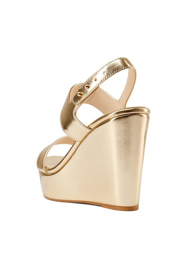Aachcol Womens Ankle Strap Platform Wedge Sandals Open Toe High Heel Wedges Party Dress Summer Shoes 3.9 Inches Heels, Gold, 8 - Image 5