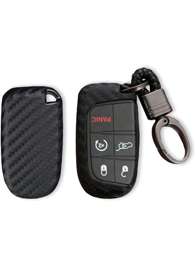7Cylinder for Dodge Chrysler Rubber Key Fob Case Cover Shell with Keychain for Ram Grand Caravan Charger Challenger 300C - Carbon Fiber - Image 1