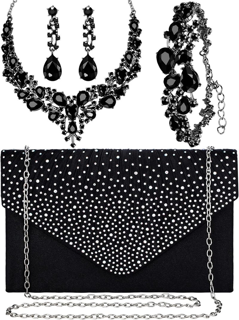 Epakh Epakh 4 Piece Black Clutch Purses Jewelry Set for Women Glitter Rhinestone Evening Bag Handbag Crystal Necklace Earrings and Bracelet Black Costume Sets for Women Bridal Wedding Party - Image 1