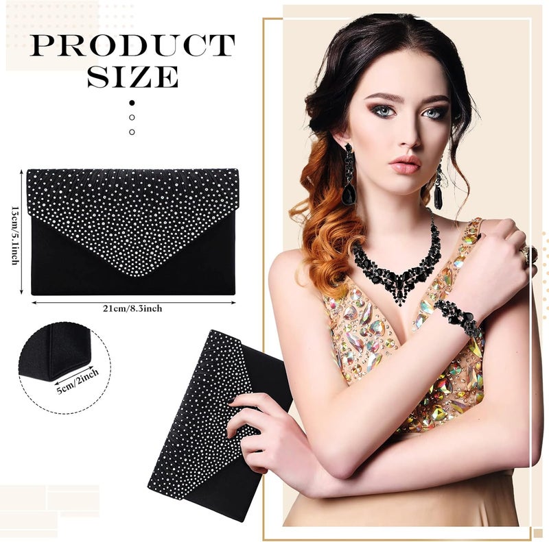 Epakh Epakh 4 Piece Black Clutch Purses Jewelry Set for Women Glitter Rhinestone Evening Bag Handbag Crystal Necklace Earrings and Bracelet Black Costume Sets for Women Bridal Wedding Party - Image 2