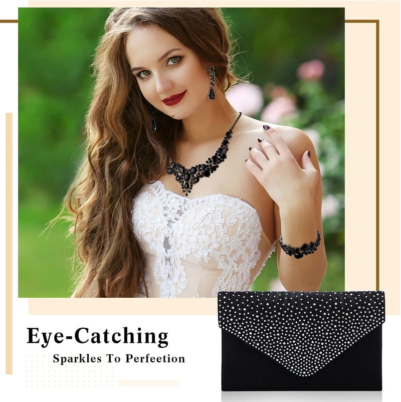 Epakh Epakh 4 Piece Black Clutch Purses Jewelry Set for Women Glitter Rhinestone Evening Bag Handbag Crystal Necklace Earrings and Bracelet Black Costume Sets for Women Bridal Wedding Party - Image 3