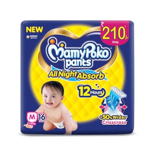 MamyPoko Pants All Night Absorb Baby Diapers, Medium (M), 16 Count 7-12 kg - Image 1