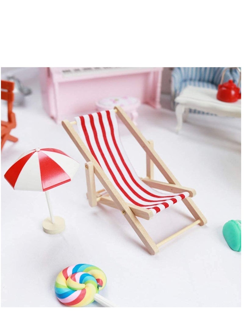 KASTWAVE Mini Beach Chair, Wooden Longue Deck Chair Set Miniature Foldable Chair Model Dollhouse Furniture Accessories Garden Decor for Kids 2 pcs  - Image 2