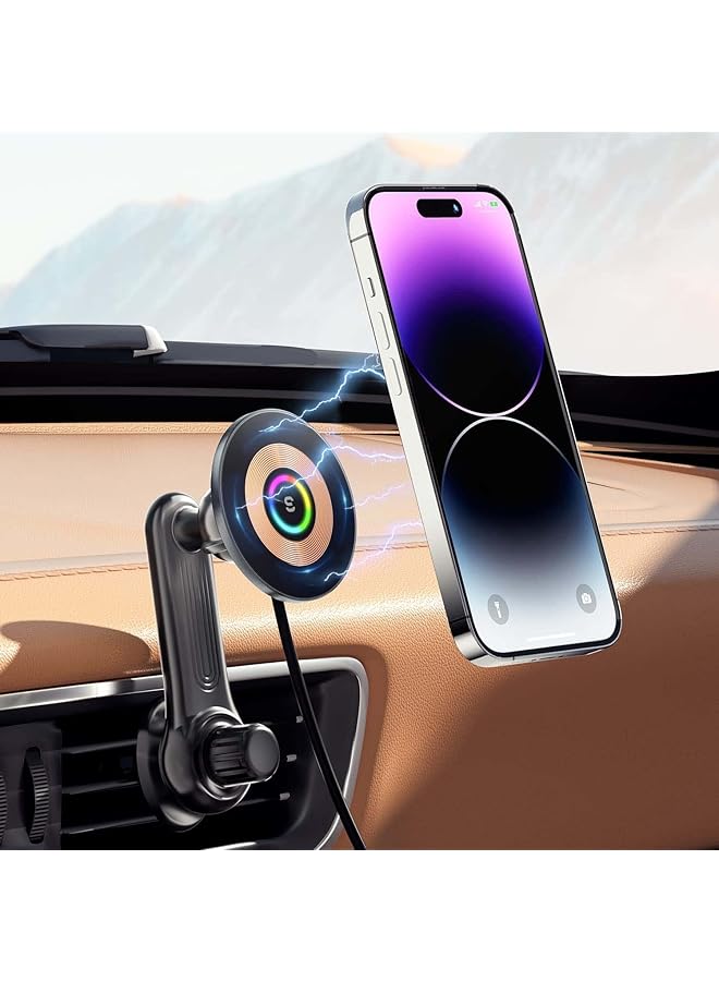 Excefore Car Mount Charger For Magsafe, 360° Adjustable Magnetic Wireless Car Charger With Rgb Light, Air Vent Magnetic Phone Holder Charger For Iphone 14 13 12 Series (With Car Adapter) - Image 1