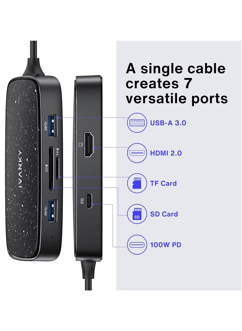 ايفانكي موزع يو اس بي نوع سي كلاسيكي، محول متعدد المنافذ 7 في 1 بمنفذ HDMI 4K، توصيل طاقة 100 واط، 3 USB-A 3.0، قارئ بطاقات SD/TF، متوافق مع M1 ماك بوك برو/اير، XPS والمزيد من الاجهزة من النوع C  - Image 2