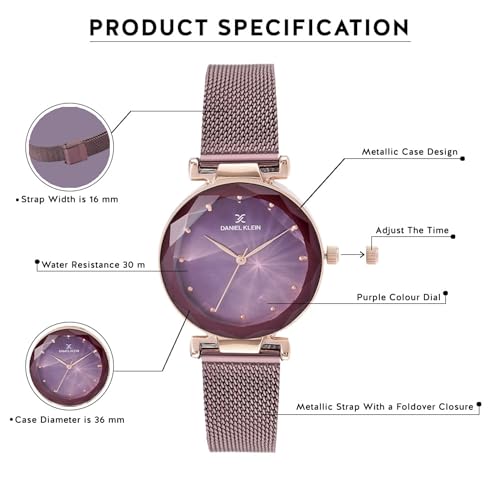 Daniel Klein Analog Purple Round Dial Rose Gold Case Purple Mesh Strap Stone-Studded Water-Resistant Wrist Watch for Women Girls, Ladies DK11873-4 - Image 5