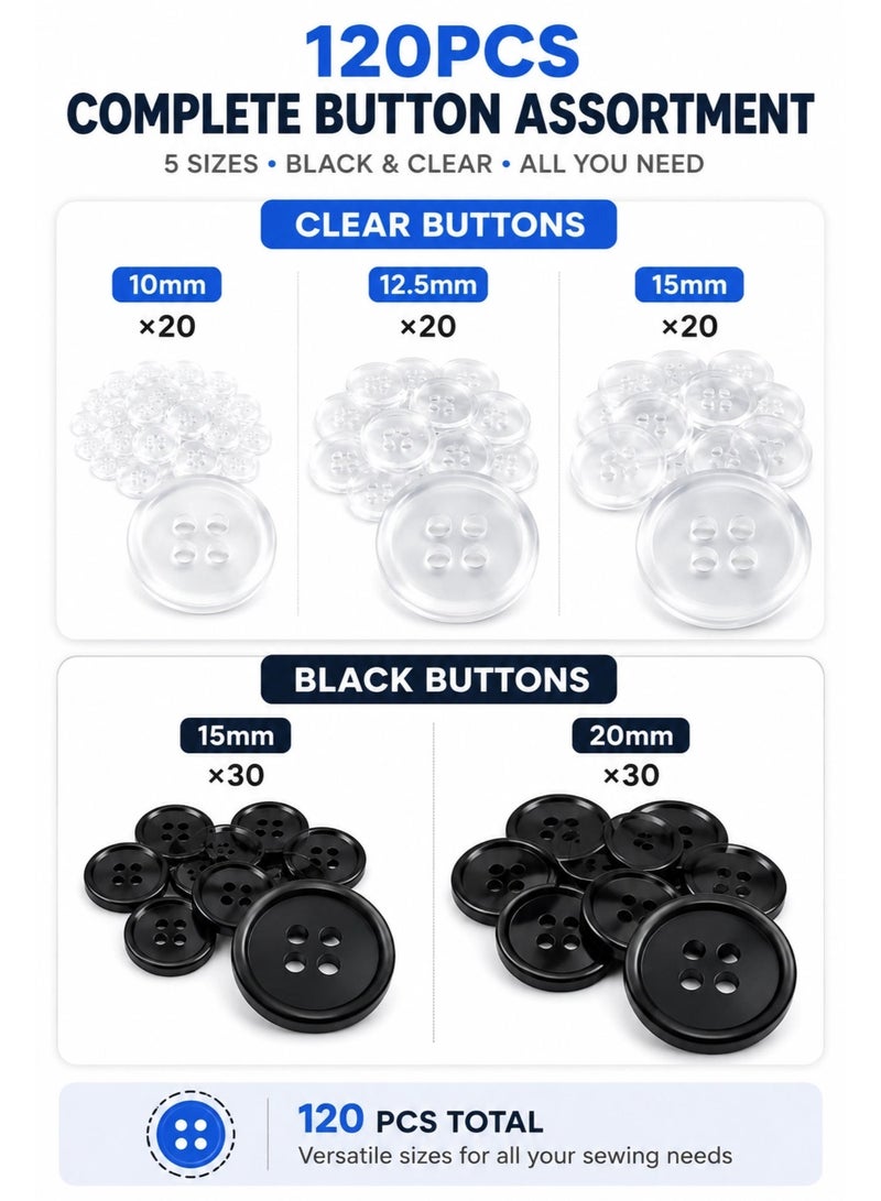 120PCS Sewing Buttons Set – Mixed Size Clear & Black Plastic Buttons for Clothing Repair, DIY Sewing, Shirts, Jackets & Crafts - Image 2