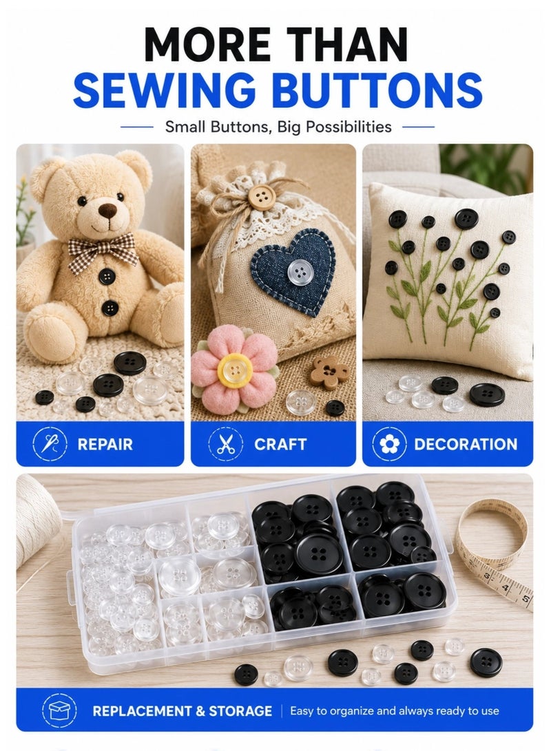 120PCS Sewing Buttons Set – Mixed Size Clear & Black Plastic Buttons for Clothing Repair, DIY Sewing, Shirts, Jackets & Crafts - Image 4