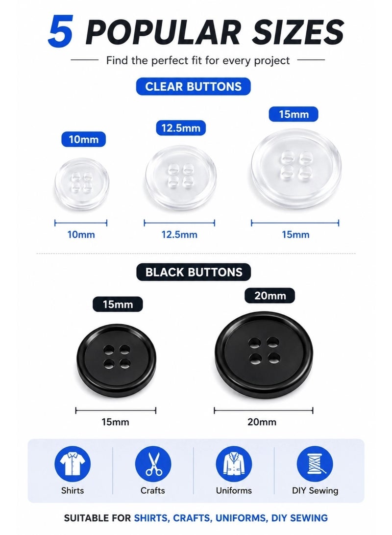 120PCS Sewing Buttons Set – Mixed Size Clear & Black Plastic Buttons for Clothing Repair, DIY Sewing, Shirts, Jackets & Crafts - Image 5