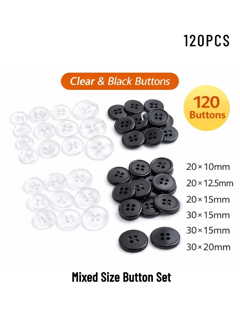 120PCS Sewing Buttons Set – Mixed Size Clear & Black Plastic Buttons for Clothing Repair, DIY Sewing, Shirts, Jackets & Crafts - Image 1