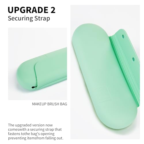 AGIKET Silicone Makeup Brush Holder Travel Cosmetic Bag：Soft Portable Cosmetic Face Brushes Holder with Upgrade Anti-Fall Out Magnetic Closure, Large Travel Makeup Brush Case - Green - Image 3