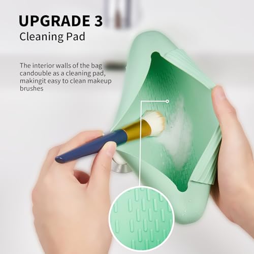 AGIKET Silicone Makeup Brush Holder Travel Cosmetic Bag：Soft Portable Cosmetic Face Brushes Holder with Upgrade Anti-Fall Out Magnetic Closure, Large Travel Makeup Brush Case - Green - Image 4