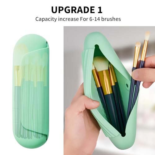 AGIKET Silicone Makeup Brush Holder Travel Cosmetic Bag：Soft Portable Cosmetic Face Brushes Holder with Upgrade Anti-Fall Out Magnetic Closure, Large Travel Makeup Brush Case - Green - Image 2