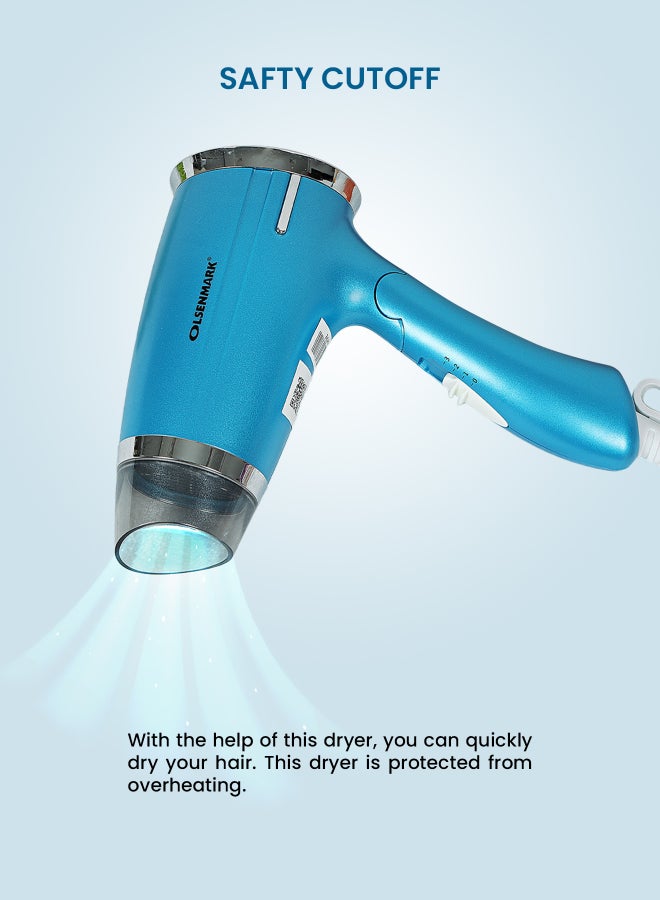 Olsenmark Mini Powerful Hair Dryer Olsenmark Omh4008, Hair Styler Power 1400W, Hair Heater 3 Speed, 3 Temperature Settings,Portable,Foldable Handle And Safety Cut Off Blue/Silver/Black - Image 5