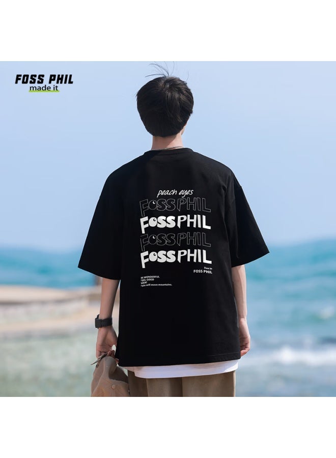 Foss Phil Short-sleeve T-shirt For Men And Women, Summer Loose Pure Cotton Casual Trendy Printed Undershirt Top F0016 Black L - Image 4